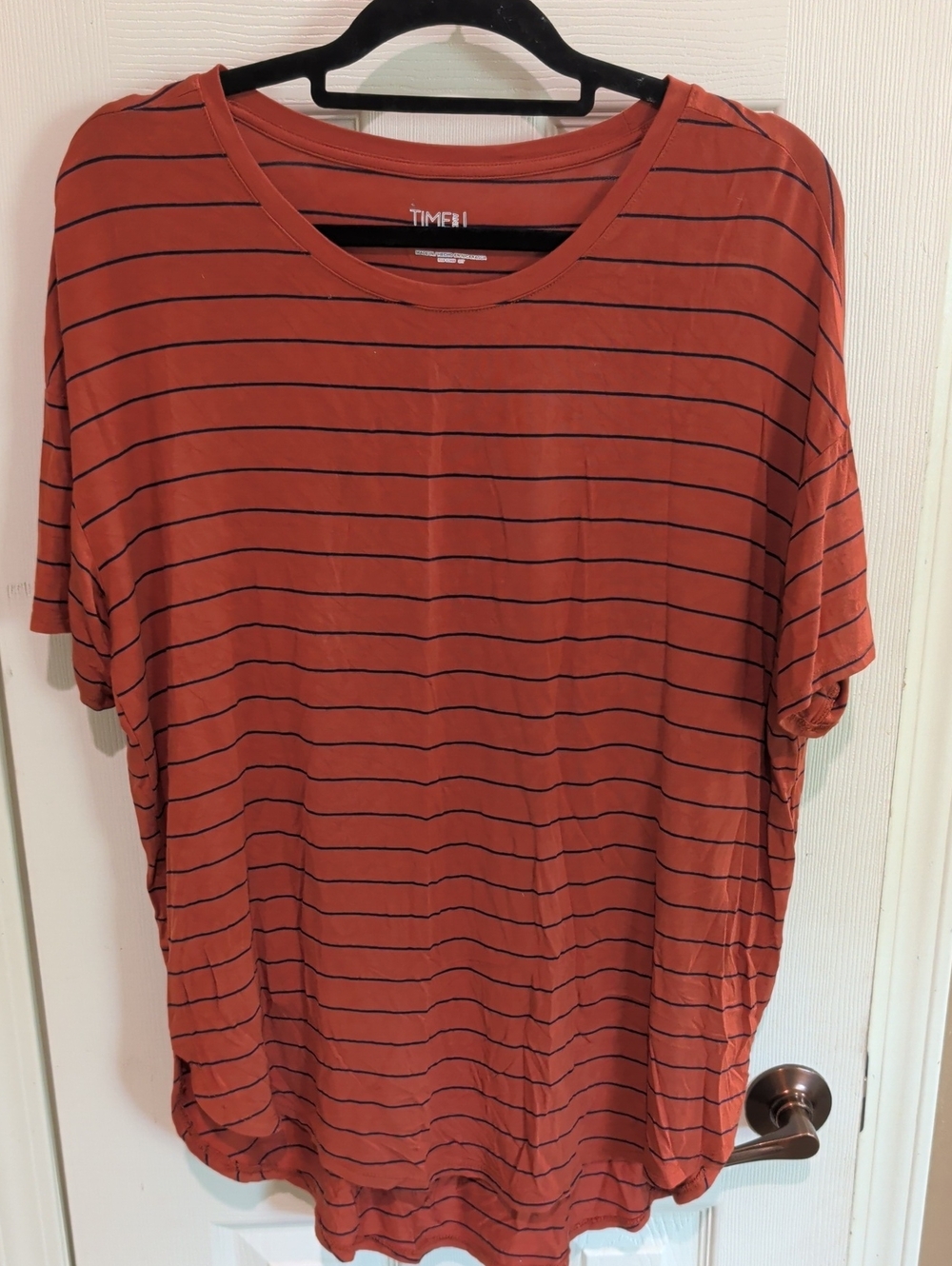 Time and Tru Rust Orange & navy Short-Sleeve Striped Tee